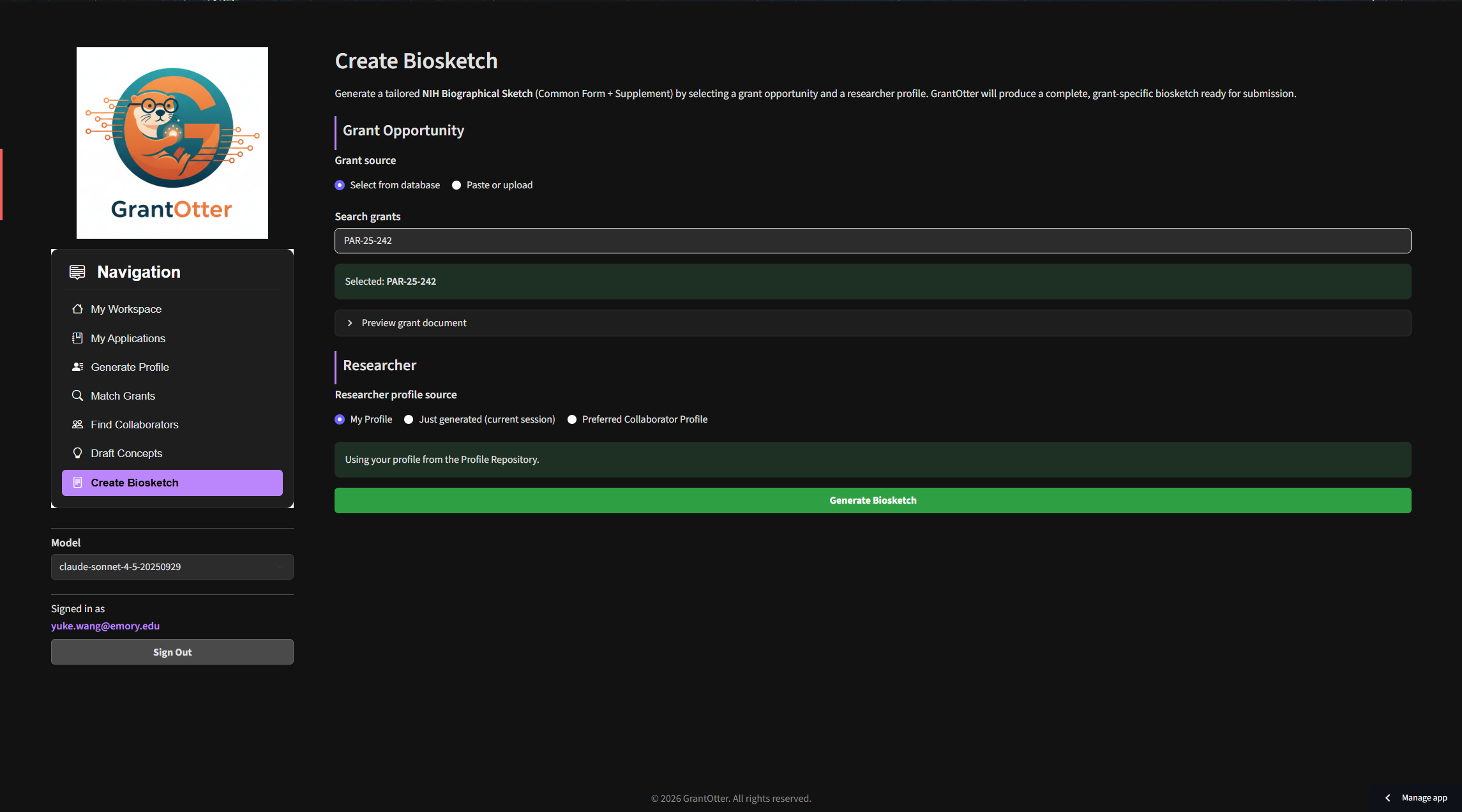 NIH Biographical Sketch draft generated by GrantOtter showing all four required sections