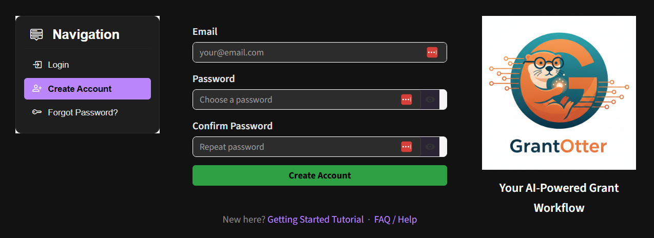 GrantOtter sign-up screen showing the Sign Up tab with email, password, and confirm password fields